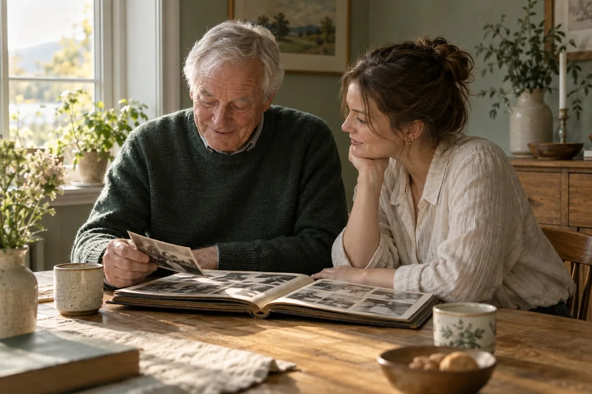 Bestefar og voksent barnebarn ser i et fotoalbum. KI-generert illustrasjon.