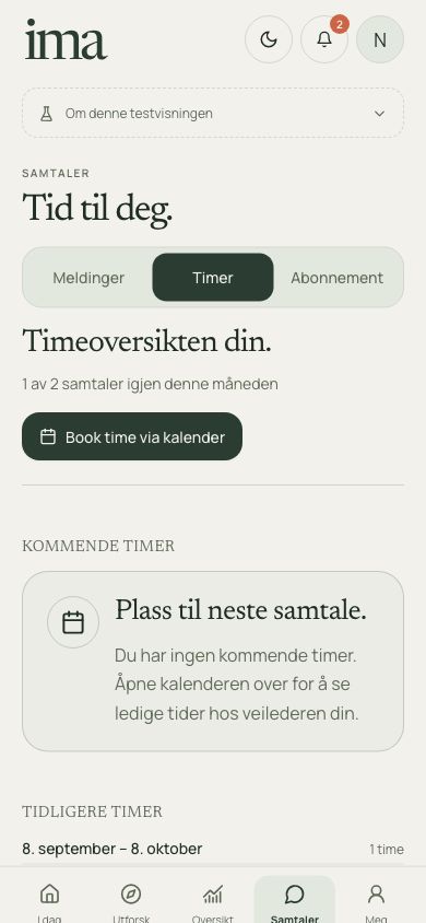 Ima-appens samtaleoversikt med eksempeldata